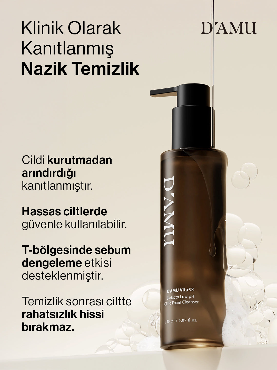 D’amu Vita5X Biolacto Low pH Oil-to-Foam Cleanser – Yağdan Köpüğe Dönüşen Nazik Yüz Temizleyici
