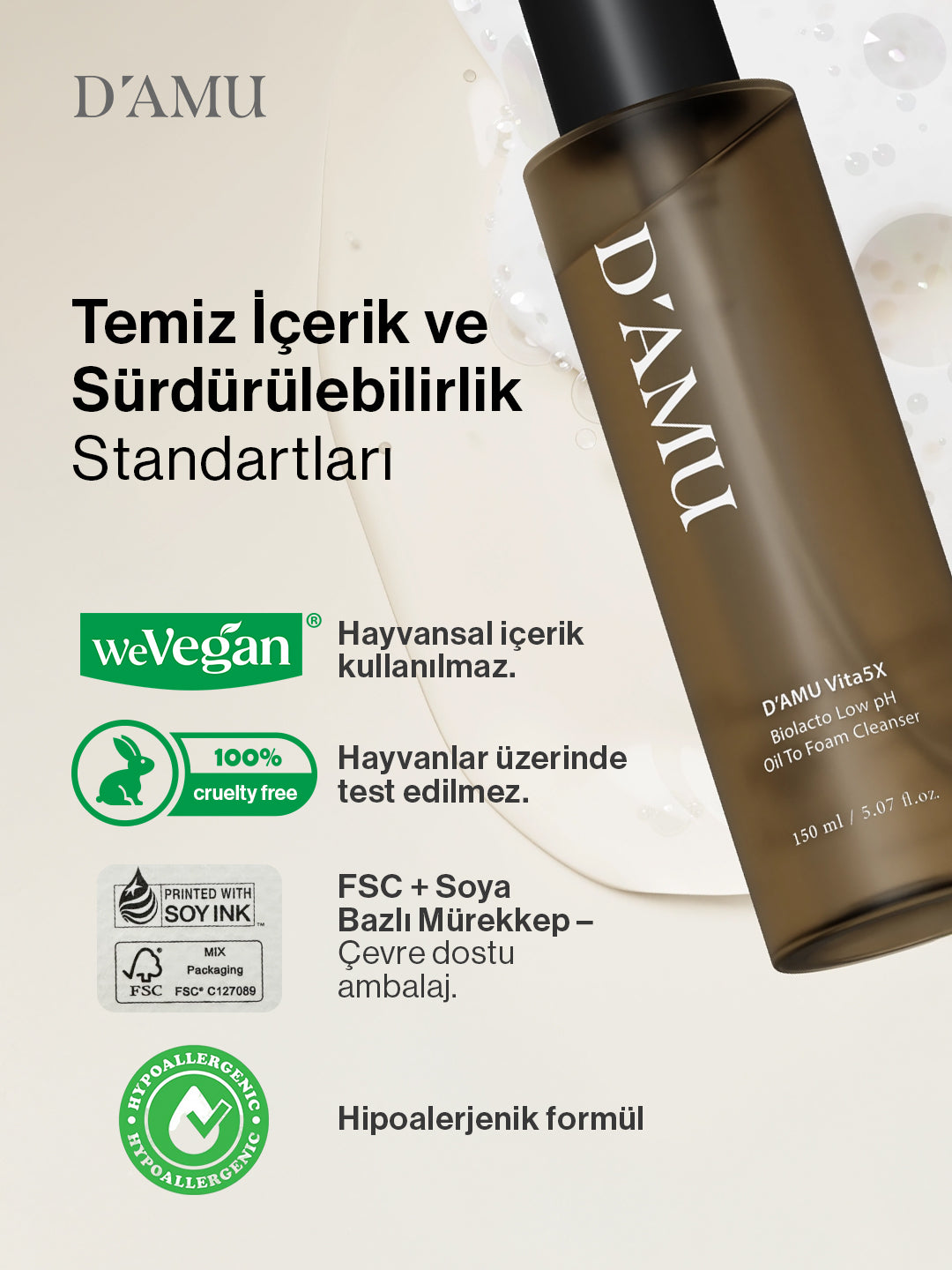 D’amu Vita5X Biolacto Low pH Oil-to-Foam Cleanser – Yağdan Köpüğe Dönüşen Nazik Yüz Temizleyici